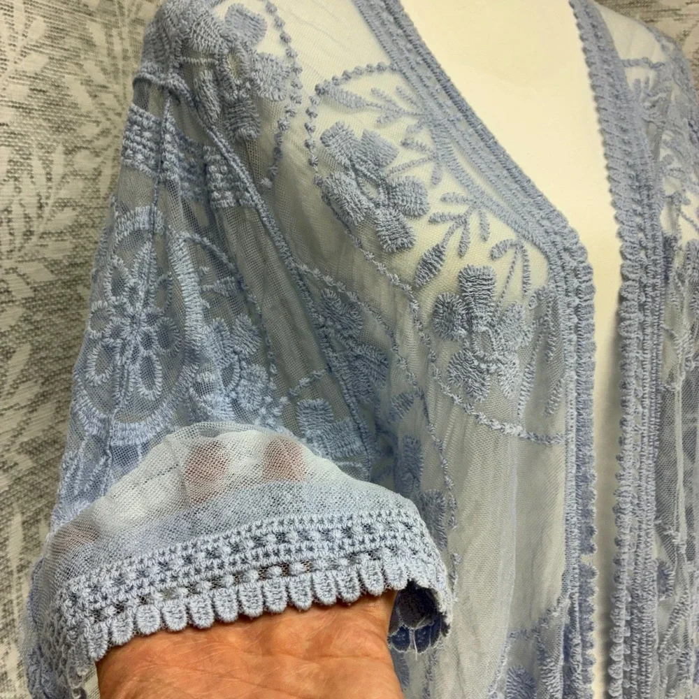 IndigoPoppy Kimono Duster Women S/M Blue Floral Lace Mesh Embroidered Boho Fairy
